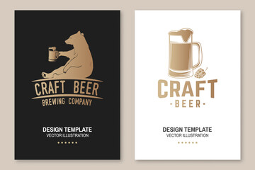 Craft Beer poster, flyer, template, card with bear. Vector. Vintage design for bar, pub and restaurant business. Coaster for beer.