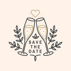 Wedding invitation card template. Vector. Thin line geometric badge. Outline icon for save the date invitation card design. Modern minimalist design with champagne glass