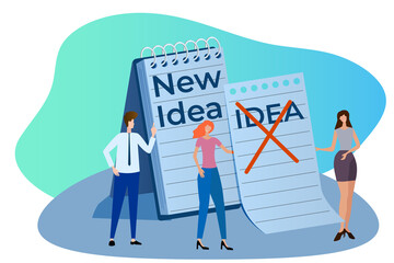 People are looking for new ideas.People and Notepad.Brainstorming startup investments in new developments.Flat vector illustration.