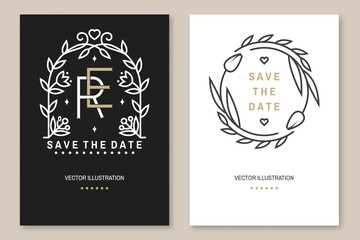 Wedding invitation card template. Vector Thin line geometric badge. Outline icon for save the date invitation card design. Modern minimalist design with wedding arch and leaf, flowers decor