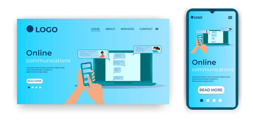 Fototapeta premium Online communications.Hands-on smartphone and laptop.Template for the user interface of the website's home page.Landing page template.The adaptive design of the smartphone.vector illustration.