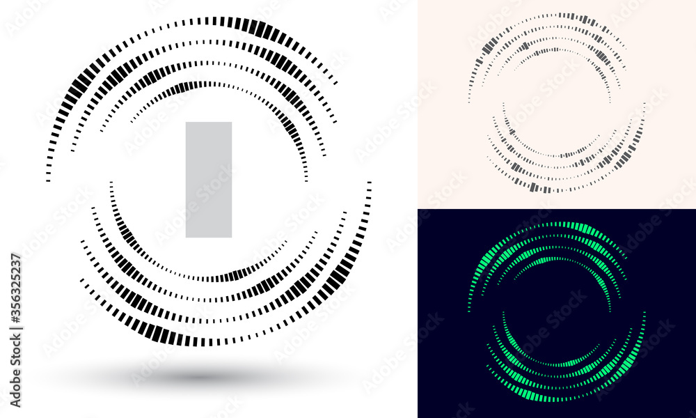 Aufkleber halftone quadrangles in circle form. round logo or icon. vector frame as design element. in center i