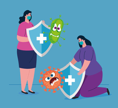 women with masks shieds and cartoons design of medical care and covid 19 virus theme Vector illustration