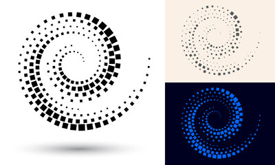 Halftone spiral as icon or background. Black abstract vector as frame with quadrangles for logo or emblem. Twirl  border isolated on the white background for your design.