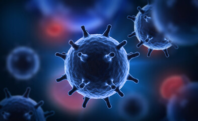 Illustration of virus cells or bacteria molecule under microscope. Abstract 3d illustration corona virus cells.Pathogen respiratory influenza. Flying Covid virus cells