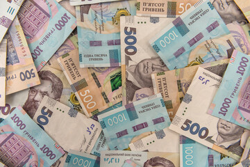 Background with Ukrainian money for design. UAH. New notes 500 and 1000.