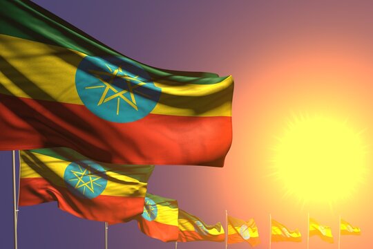 wonderful many Ethiopia flags placed diagonal on sunset with space for your content - any holiday flag 3d illustration..