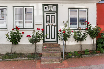 Fototapeta na wymiar Little white house with red roses in Schleswig, Germany