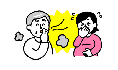 タバコを吸うシニア男性と嫌がる妊婦（シンプル）