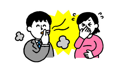 タバコを吸うスーツ男性と嫌がる妊婦（シンプル）