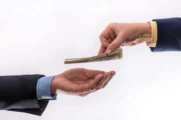 Business people transfer us money isolated on gray background