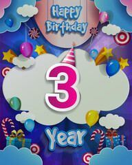 3rd Birthday Celebration greeting card Design, with clouds and balloons. Vector elements for anniversary celebration.