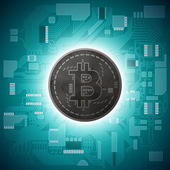 HUD Golden bitcoin. digital currency money. technology microchip mining worldwide network concept. Web banner golden bitcoin on motherboard background with microchip. Physical bit coin. Cryptocurrency