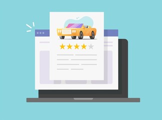 Car review reputation text online on laptop computer or automobile testimonial feedback and customer rating internet web pc vector flat cartoon, vehicle rental shop rank or test drive auto access icon