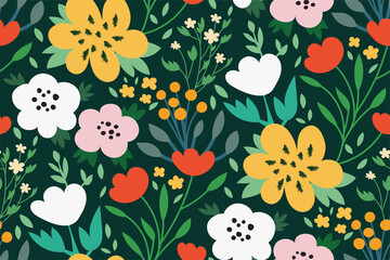 Floral seamless pattern. Colorful print with various flowers, leaves on a green background. Creative Botanical Wallpaper, fabric... Hand-drawn vector illustration. Modern bright design.