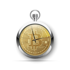 HUD stopwatch bitcoin. Digital currency pocket watch money. Technology bitcoin mining worldwide network concept. Web banner clock bitcoin. Physical bit coin. Cryptocurrency technology gold coins money