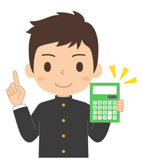 指差しポーズをしながら電卓を持つ男子学生