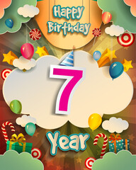 Fototapeta premium 7th Birthday Celebration greeting card Design, with clouds and balloons. Vector elements for anniversary celebration.