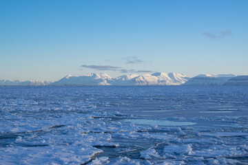 Pack ice in the Arctic on Spitsbergen. Ice covered fjord with snowy mountains © Sandra
