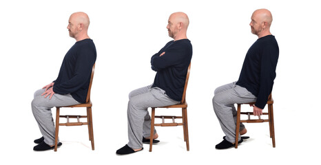 group of same man in pajamas sitting o a chair on white background, side view