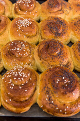 Freshly baked bun with poppy seed. Sweet tasty homemade bread