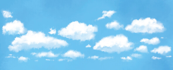 Obraz na płótnie Canvas 広い青い空に浮かぶ白い雲の水彩イラスト