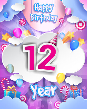 12th Birthday Celebration greeting card Design, with clouds and balloons. Vector elements for anniversary celebration.