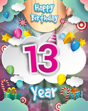 13th Birthday Celebration greeting card Design, with clouds and balloons. Vector elements for anniversary celebration.