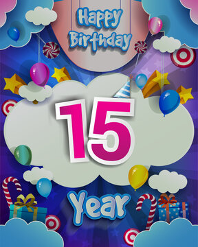 15th Birthday Celebration greeting card Design, with clouds and balloons. Vector elements for anniversary celebration.