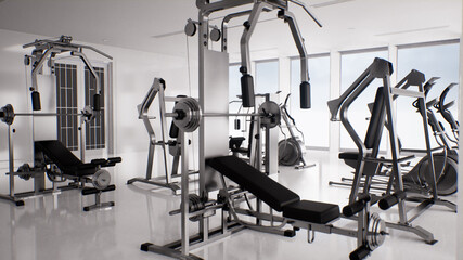 empty modern fitness club interior 3d render with sports equipment