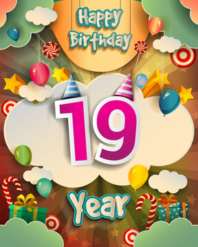 19th Birthday Celebration greeting card Design, with clouds and balloons. Vector elements for anniversary celebration.