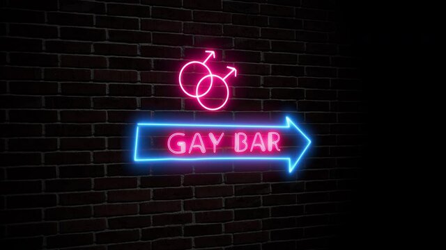 Gay bar neon sign arrow and male couple symbol flashing on dark brick wall animation homosexuality lifestyle concept