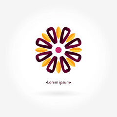 Bright, juicy beautiful circular logo for boutique, flower shop, business, interior. Company mark, emblem, element. Simple geometric mandala logotype. Kaleidoscope big bud. Surround abstract blossom.