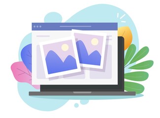 Photo picture online album and digital gallery watching on website or internet electronic photography images files on pc laptop computer network vector flat cartoon illustration
