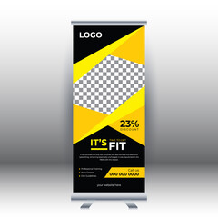Fitness roll up sale banner design template, abstract background, pull up design, modern x-banner, rectangle size. Template for sports, gym, personal trainer.