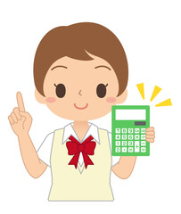 指差しポーズをしながら電卓を持つ女子学生