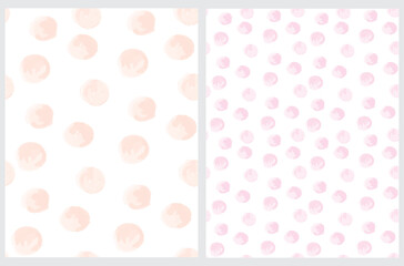 Cute Hand Drawn Abstract Irregular Polka Dots Vector Pattern Set. Salmon Pink and Light Pink Brush Dots on a White Background. Bright Watercolor Style Vector Print. Simple Dotted Layout.