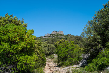 Fototapeta na wymiar mountain landscape with blue sky, castle of Montferrant