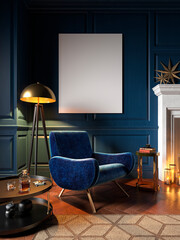 Classic blue interior with armchair, wall panel and decor. 3d render illustration mock up.
