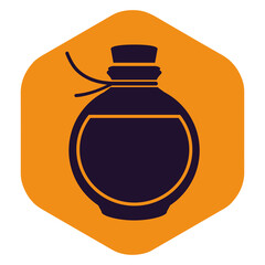 Halloween picture of a potion in a round bottle. Icon attribute of witchcraft. Vector illustration in flat style isolated on white background for web design.