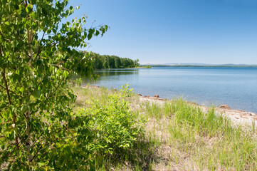 Lake Uvildy with birch forest on its shore, Chelyabinsk region, Russia