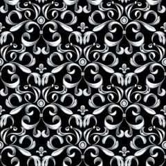 Seamless baroque pattern with silver scrolls on black background