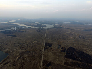 Aerial view of the countryside (drone image).Near river Desna.Winter time.Sunset. Kiev,Ukraine