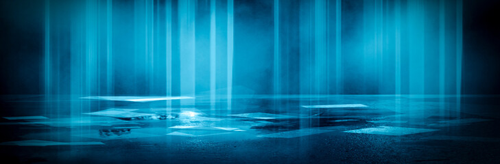 Dark street, wet asphalt, reflections of rays in the water. Abstract dark blue background, smoke,...