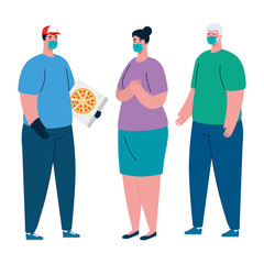 man and clients with masks and pizza box design, Safe delivery logistics and transportation theme Vector illustration