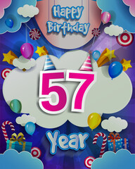 57th Birthday Celebration greeting card Design, with clouds and balloons. Vector elements for anniversary celebration.