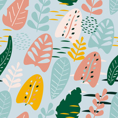 Seamless pattern with tropical leaves and plants, vector. Colorful botanical texture for fills, background, wallpaper, fabric and more