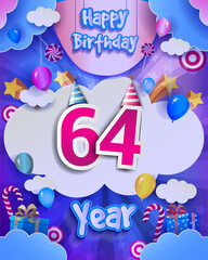 64th Birthday Celebration greeting card Design, with clouds and balloons. Vector elements for anniversary celebration.