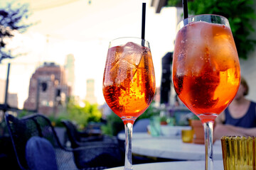 Cocktail glasses set on table, bar terrace