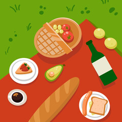 Summer Picnic in Park. Food Busket Food on red plaid. Top view.  vector Flat cartoon design.
